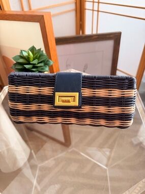 J.Crew Woven Straw Clutch – Blue & Natural Rattan – Gold Turn Lock